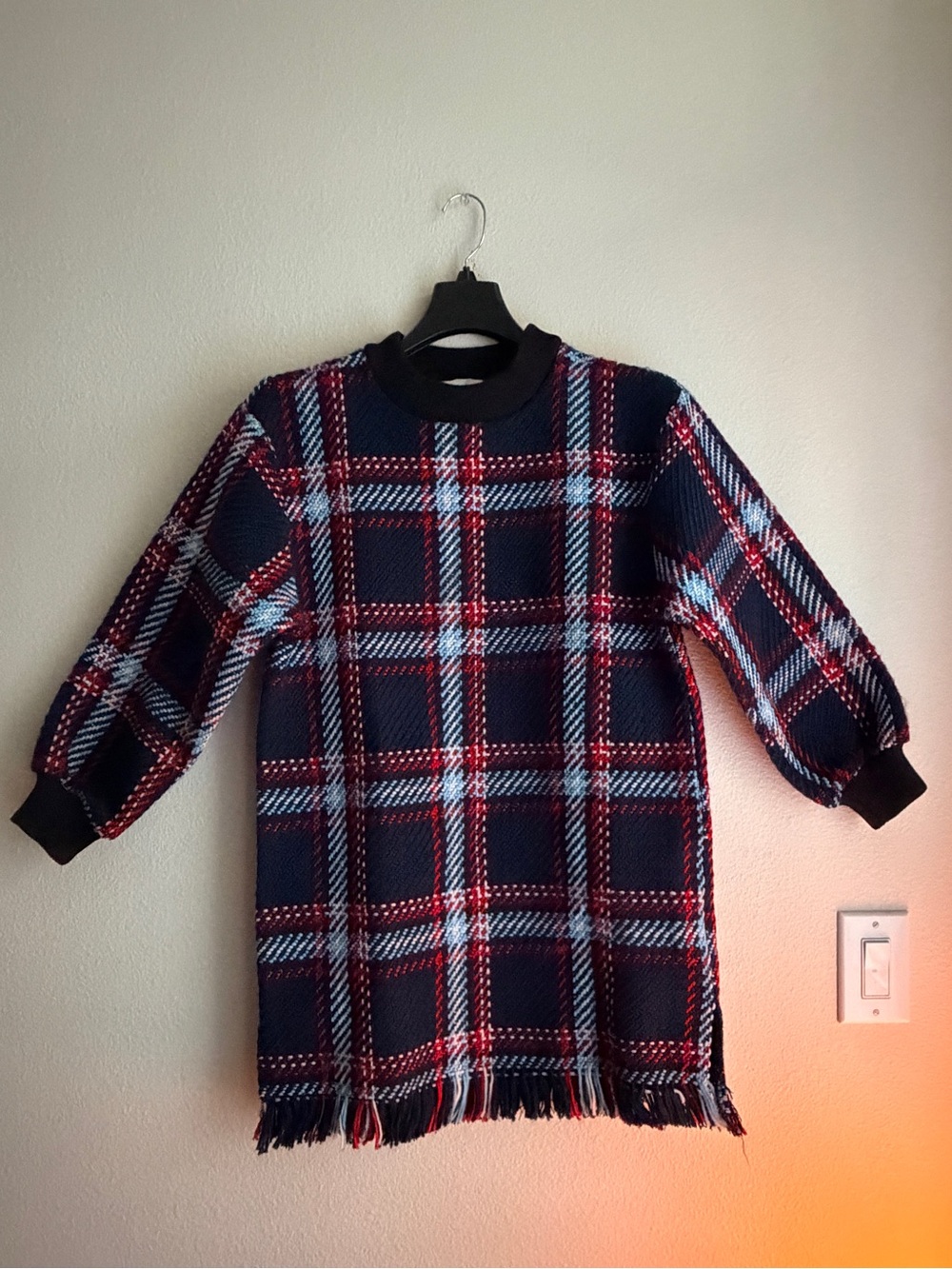 J.O.A Plaid Sweater Dress Fringe Hem Puff Sleeve Preppy Academia Size S